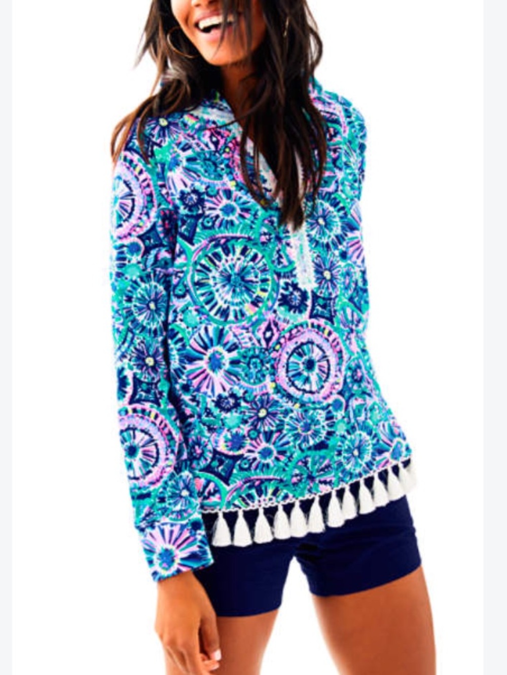 Lilly Pulitzer Harmon Popover Tassel-Hem Hoodie with Tassels XS